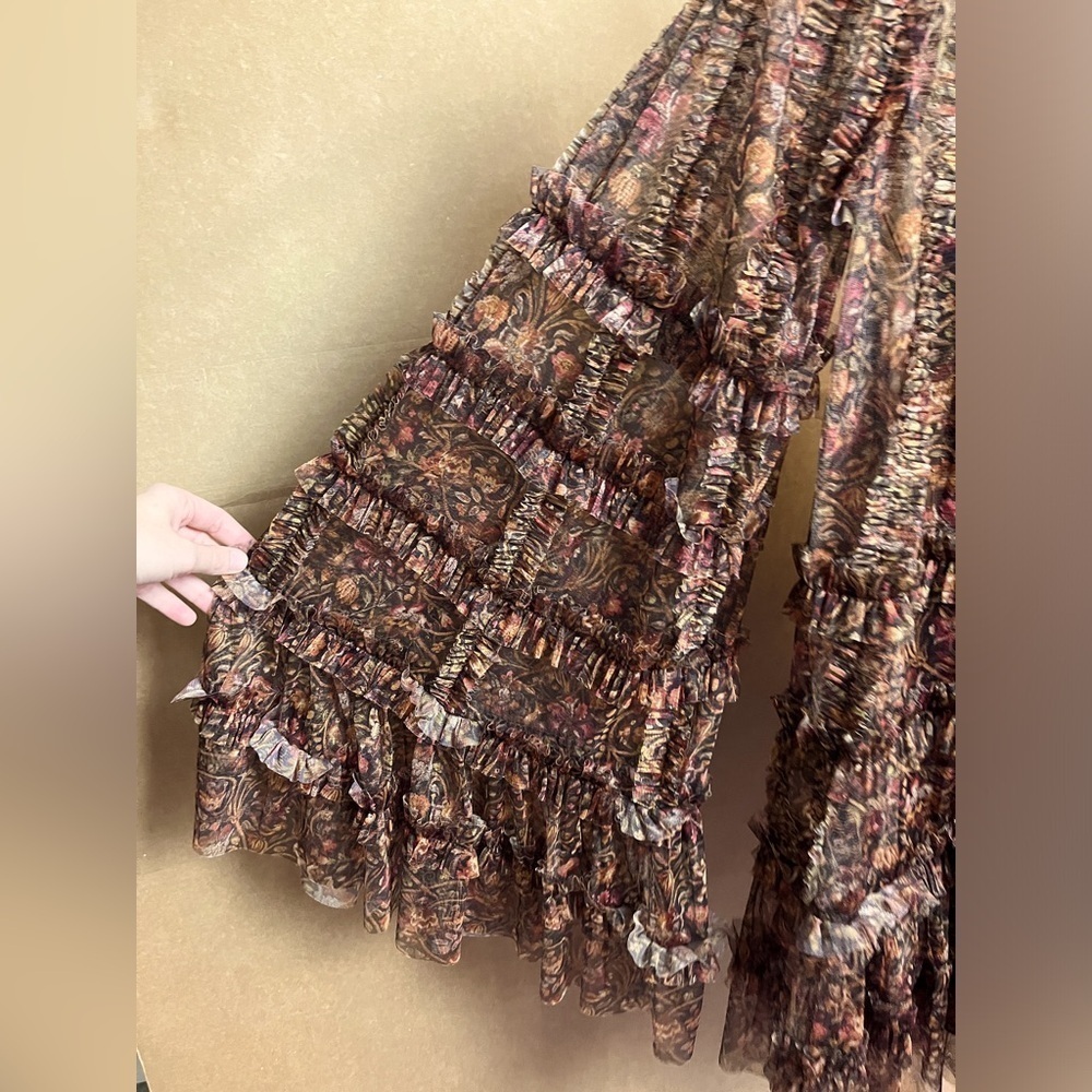 Mac Duggal 8007 Floral Print Long Flair Sleeve Mesh Aline Dress - Picture 8 of 15